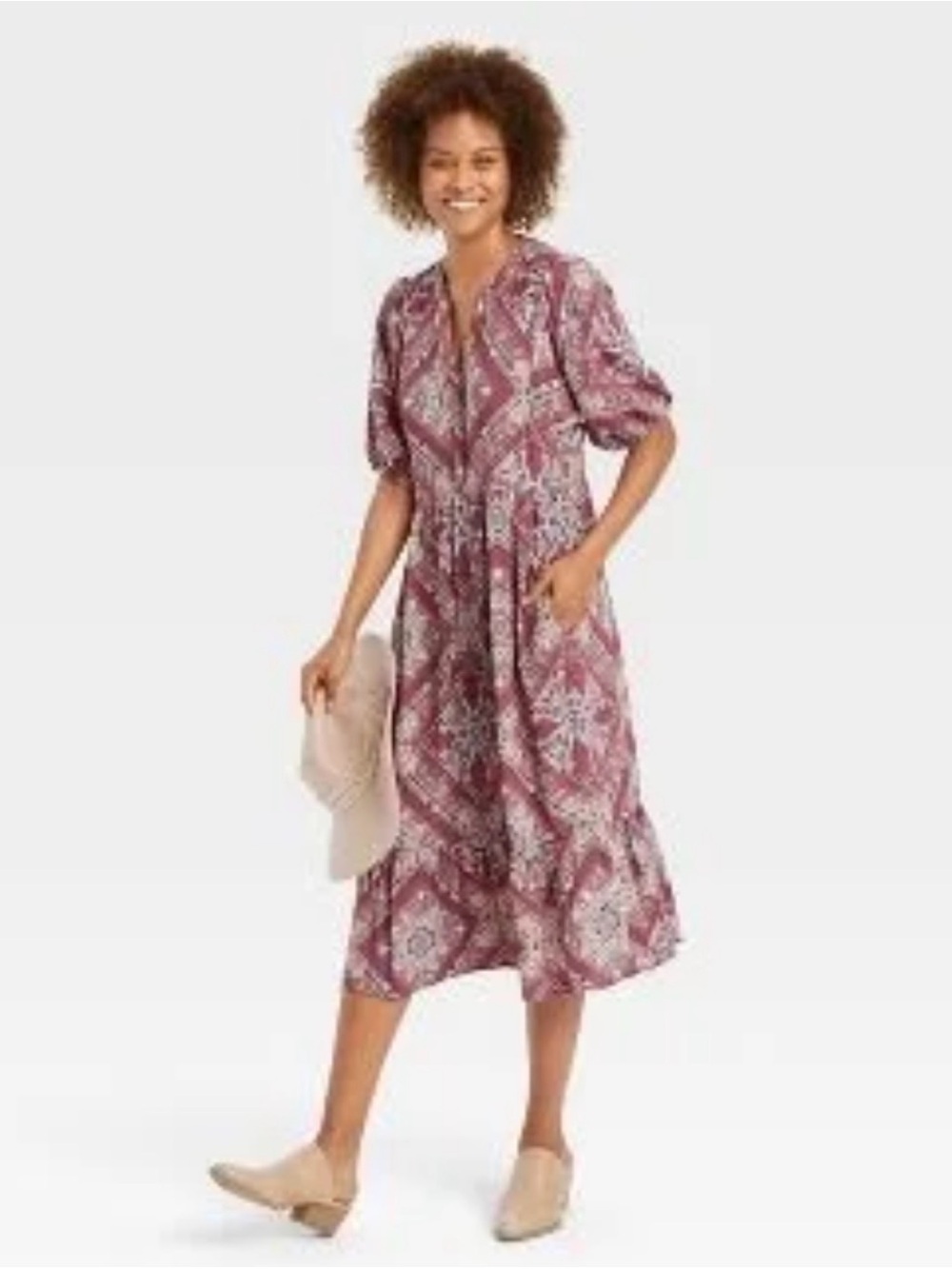 Boho Midi Shirt Dress in Mauve Pattern | L